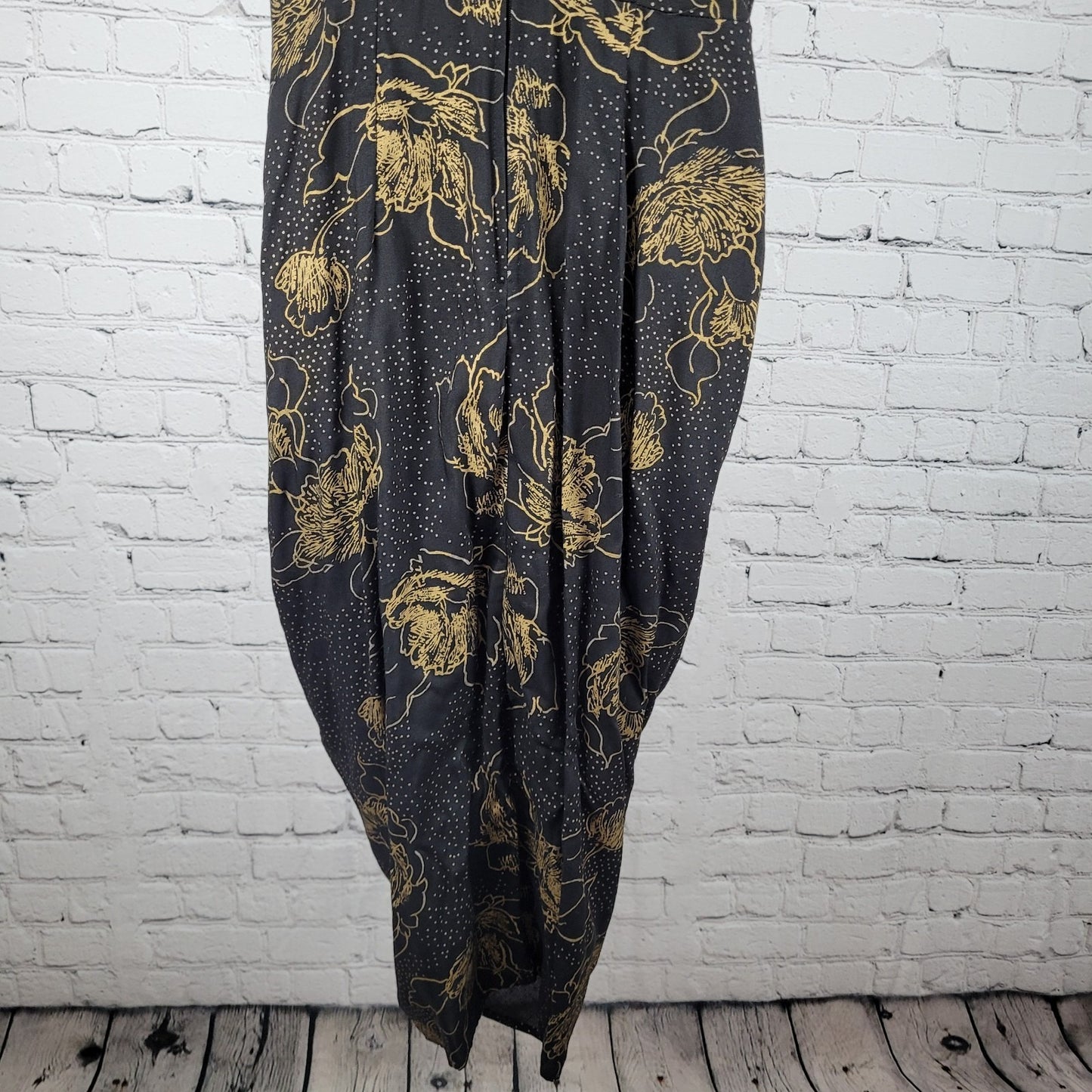 VTG Milanzo Black & Gold Floral Shoulder Pad Pegged Midi Dress USA Made Size 11