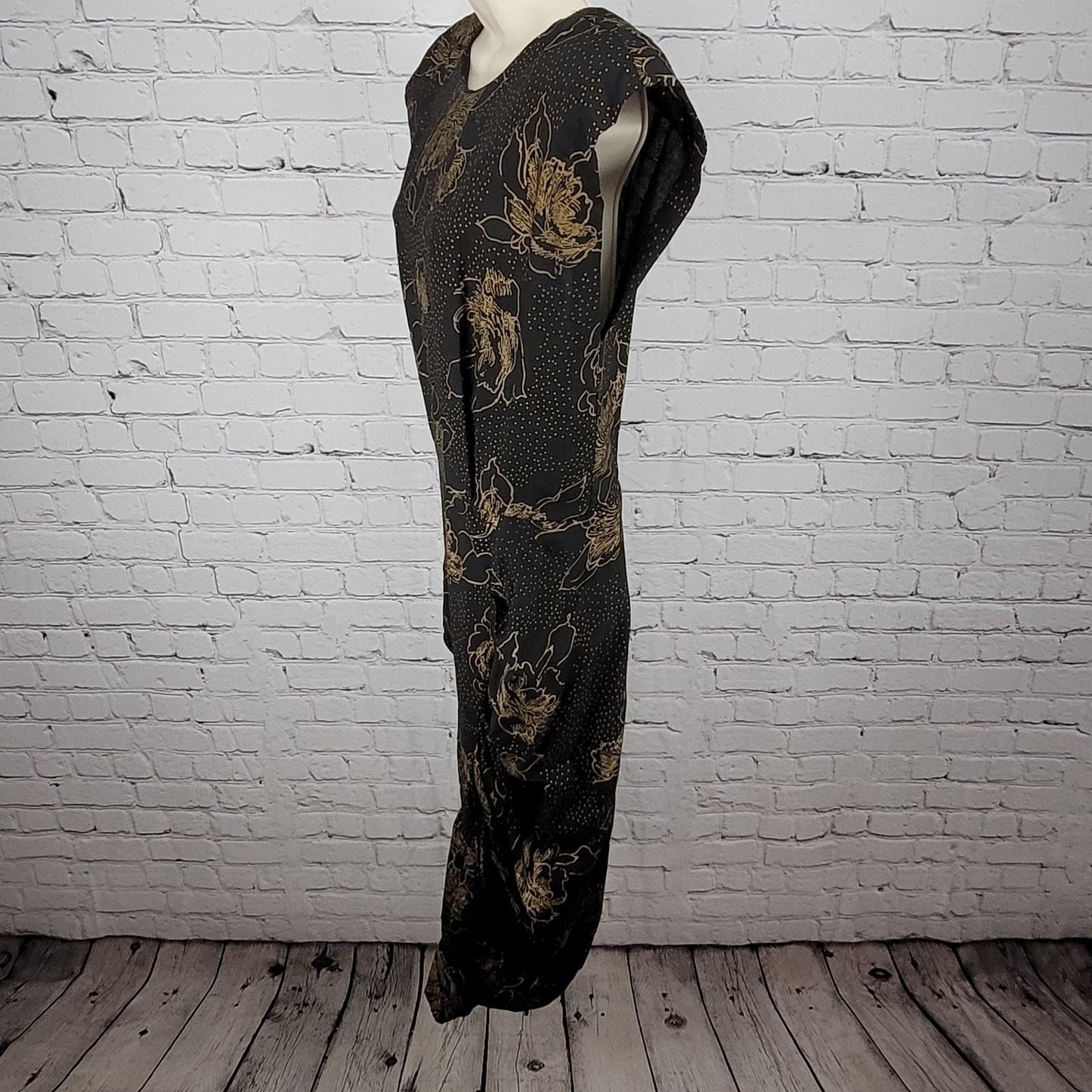 VTG Milanzo Black & Gold Floral Shoulder Pad Pegged Midi Dress USA Made Size 11