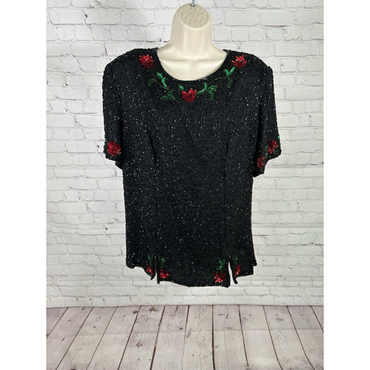 VTG NWT Scala Black Beaded Floral Sequins Silk Short Sleeve Blouse Shirt Top 1X
