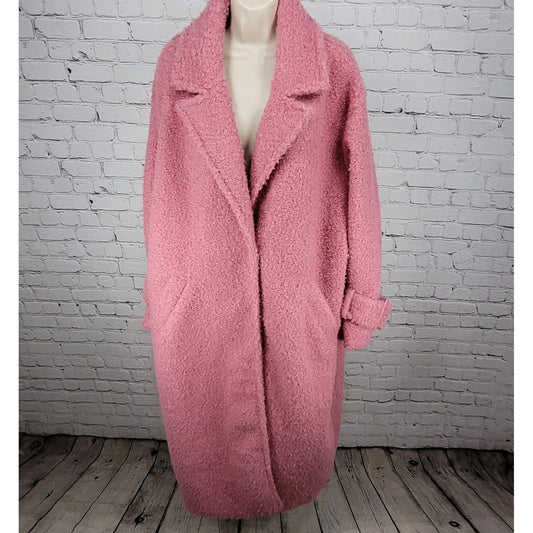ASOS Luxe Pink Faux Fur Snap Closure Lined Pockets Long Duster Over Coat Size 14