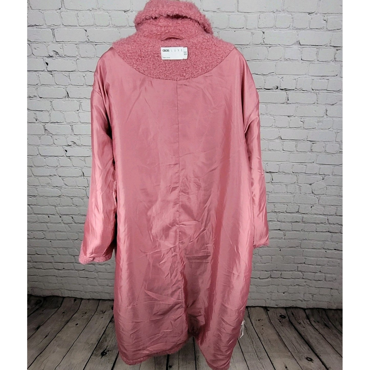 ASOS Luxe Pink Faux Fur Snap Closure Lined Pockets Long Duster Over Coat Size 14