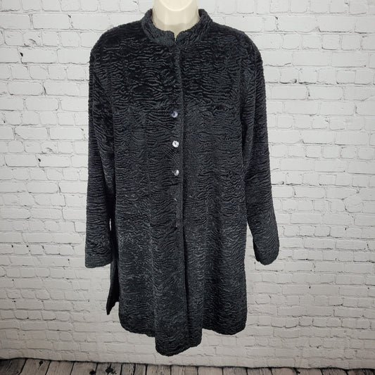 Chico's Black Textured Faux Fur Buttoned Band Collar Over Coat Size 3 US 16