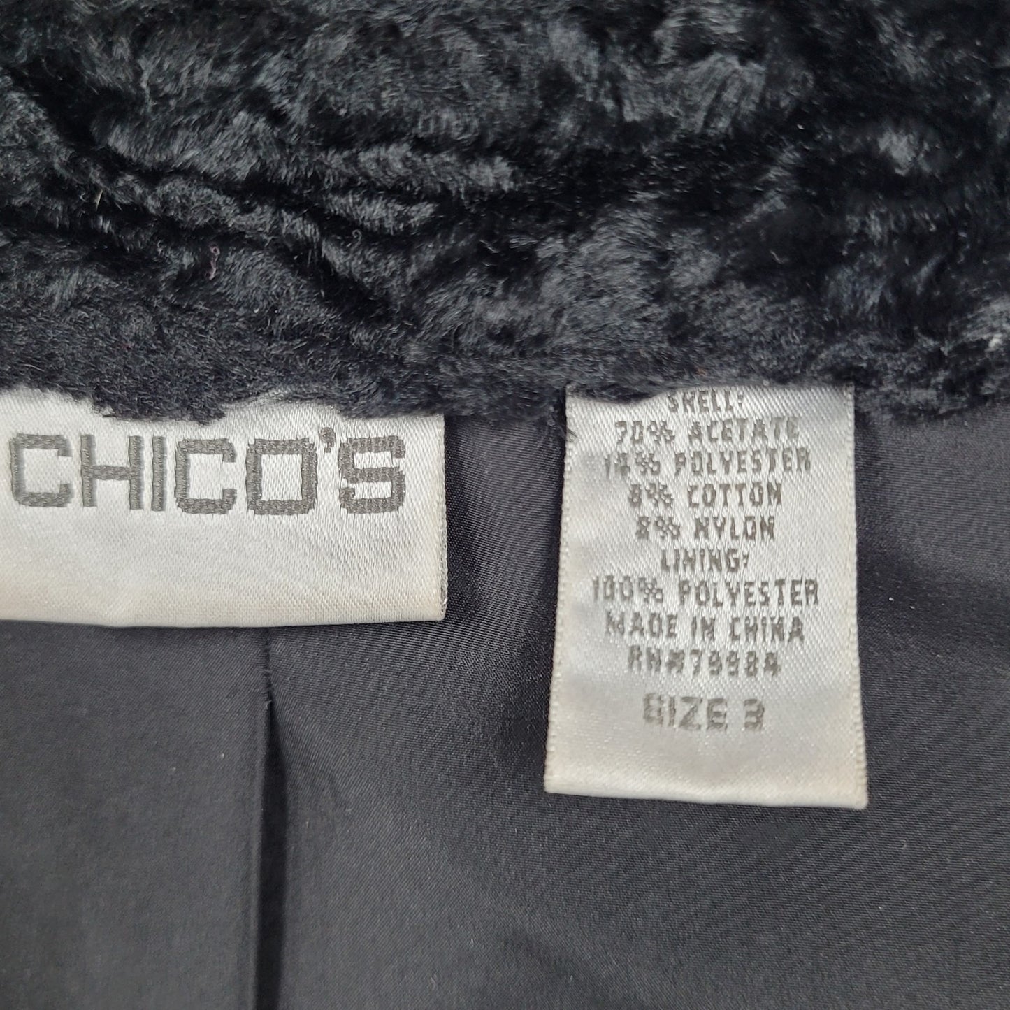 Chico's Black Textured Faux Fur Buttoned Band Collar Over Coat Size 3 US 16