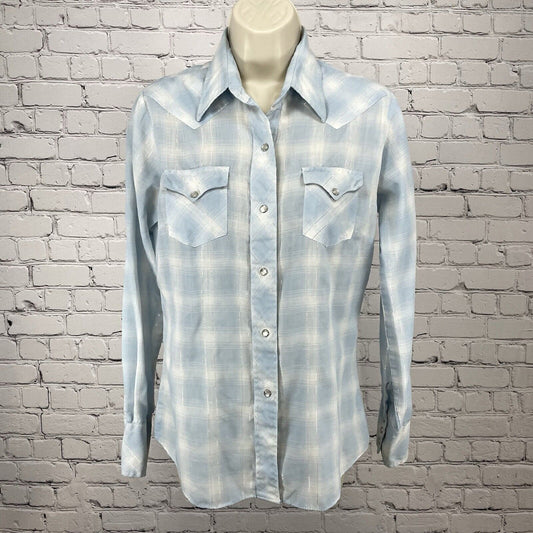 VTG Miller Miller Miller Western Wear Blue Pearl Snap Shirt Glitter Pockets XS