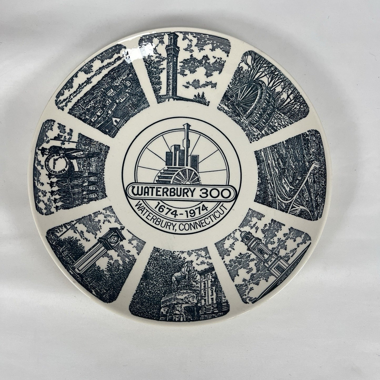 Kettlesprings Kilns Waterbury CT Tercentennial Plate 1674-1974 Blue Transferware