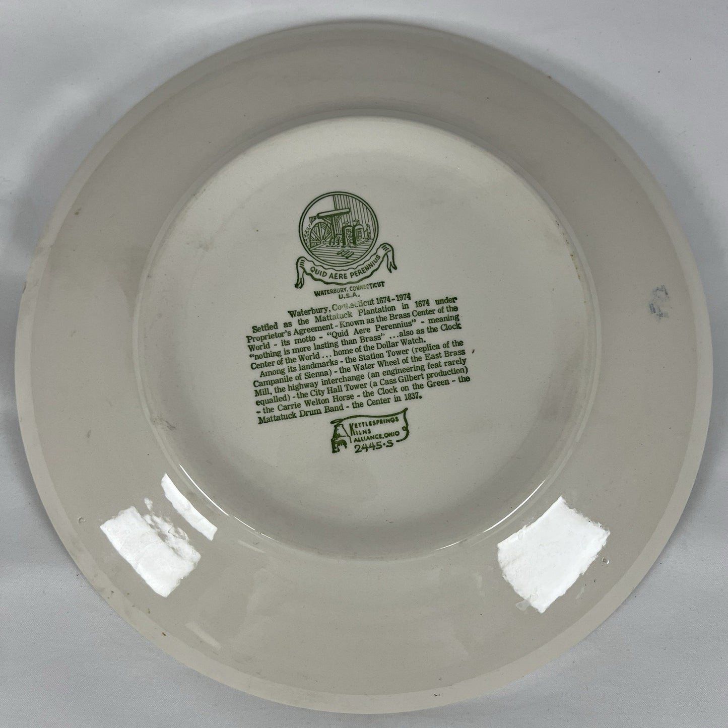 Kettlesprings Kilns Waterbury CT Tercentennial Plate 1674-1974 Blue Transferware