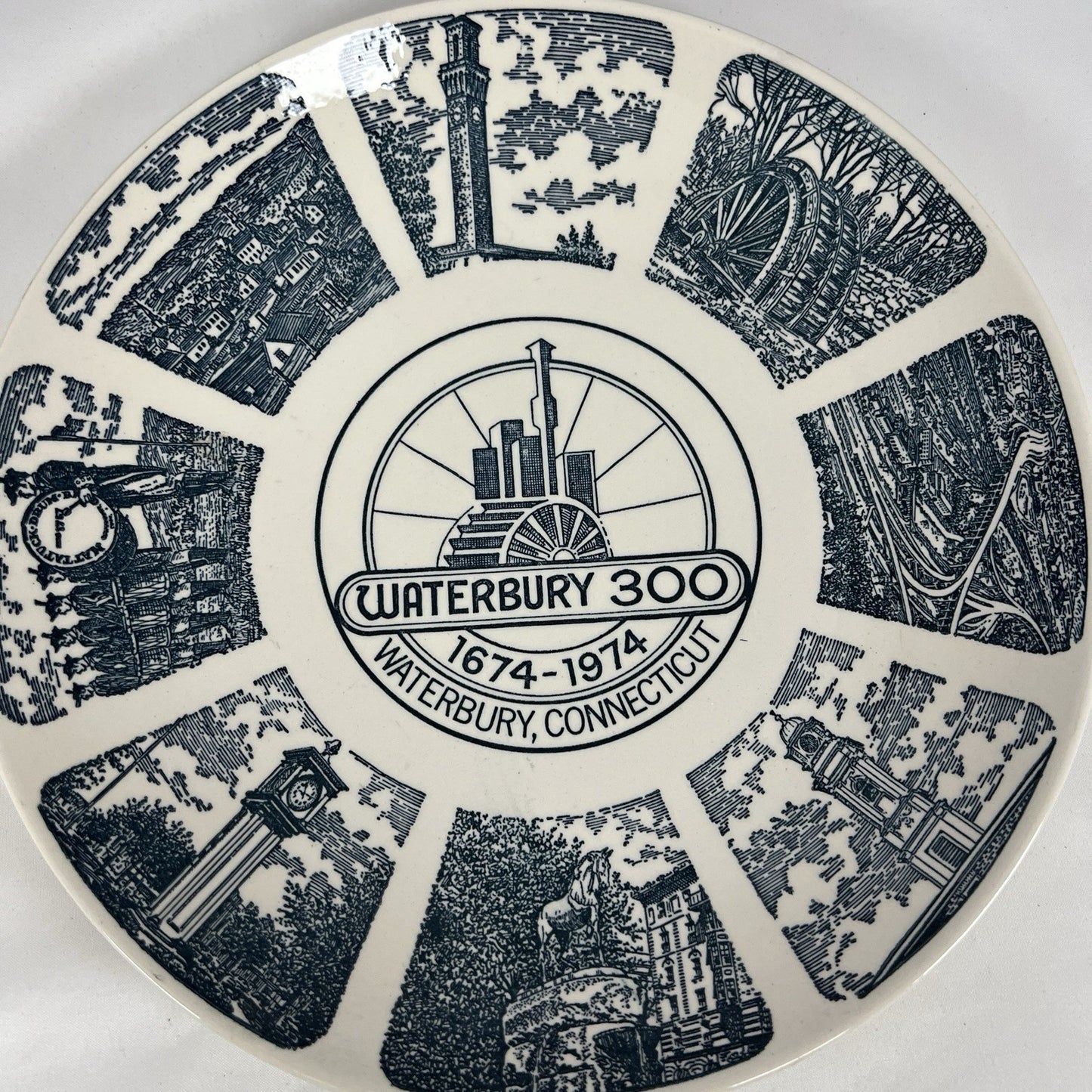 Kettlesprings Kilns Waterbury CT Tercentennial Plate 1674-1974 Blue Transferware