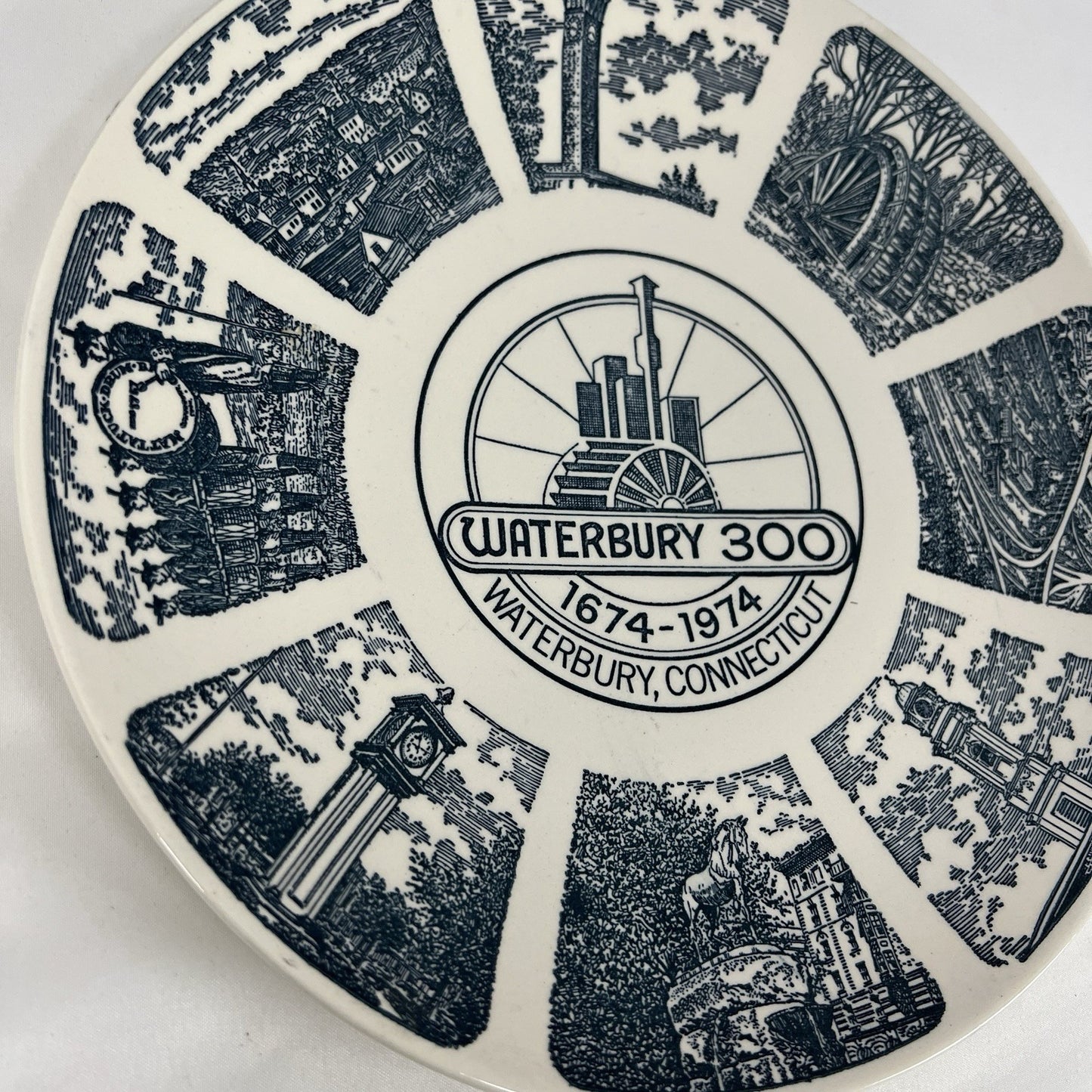 Kettlesprings Kilns Waterbury CT Tercentennial Plate 1674-1974 Blue Transferware