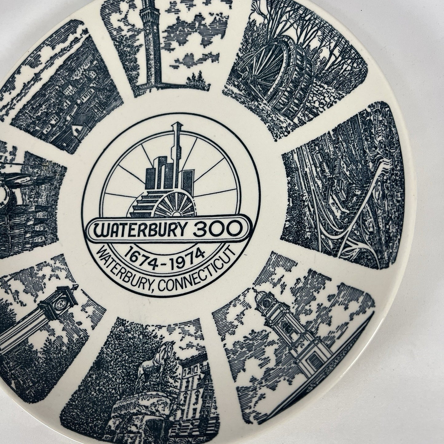 Kettlesprings Kilns Waterbury CT Tercentennial Plate 1674-1974 Blue Transferware