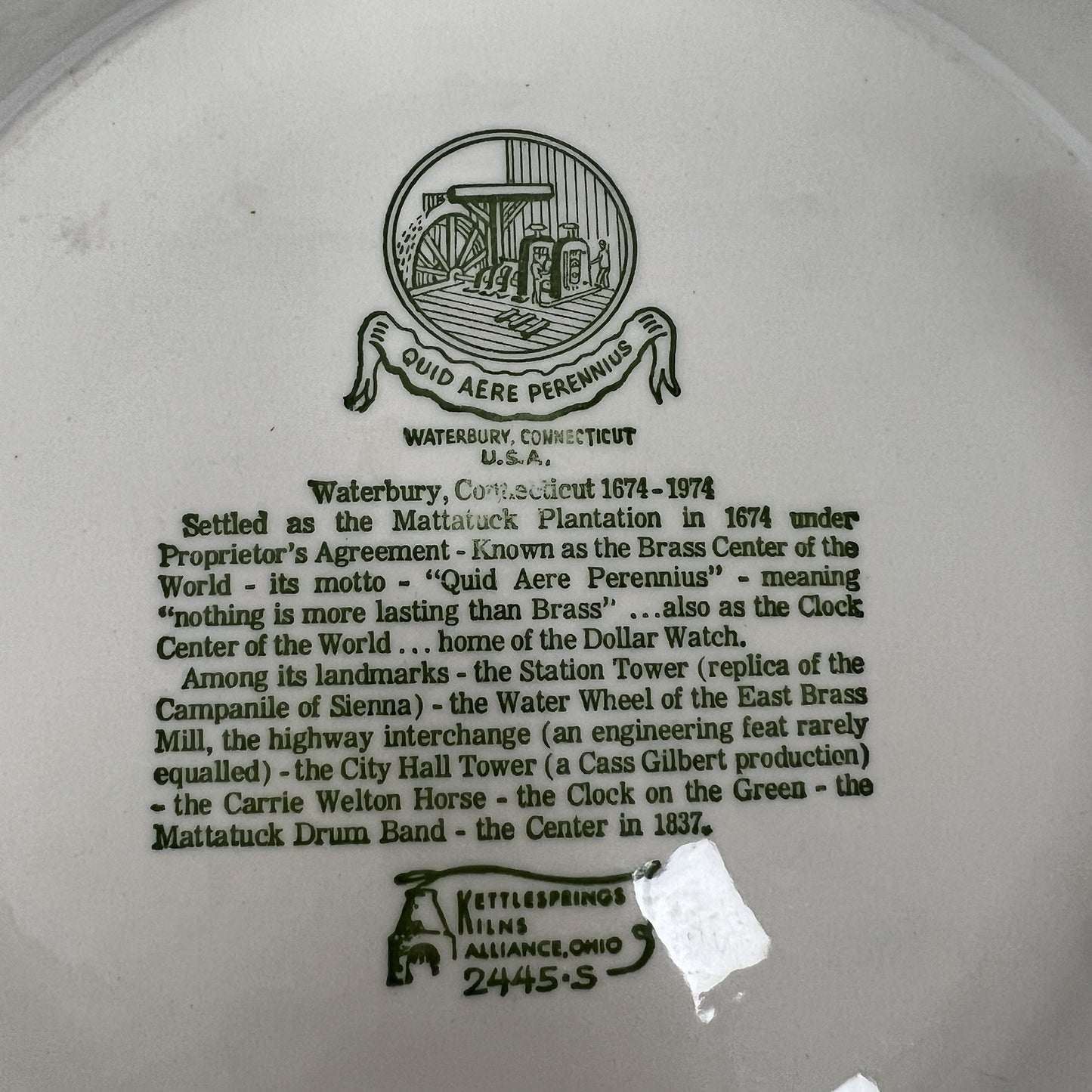 Kettlesprings Kilns Waterbury CT Tercentennial Plate 1674-1974 Blue Transferware