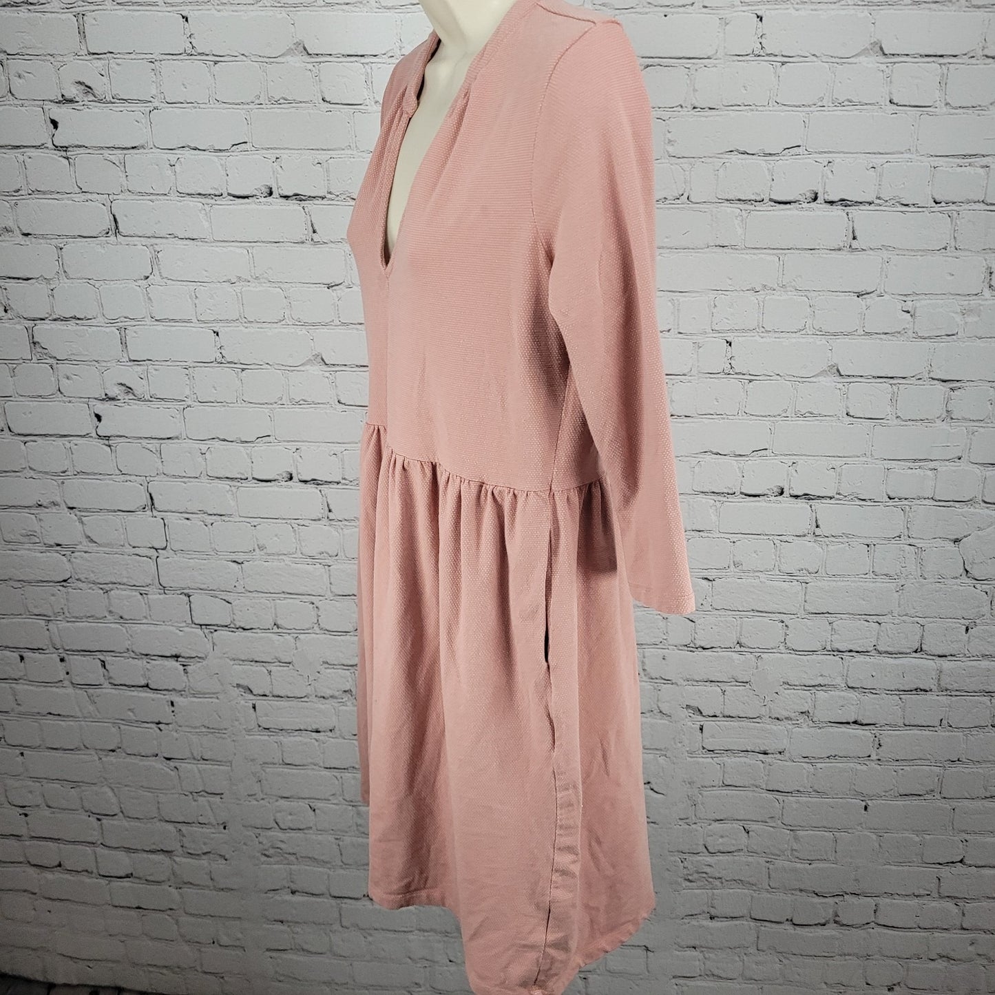 Synergy Pink Organic Cotton Stretch 3/4 Sleeve Ruched Knee Length Dress Small S