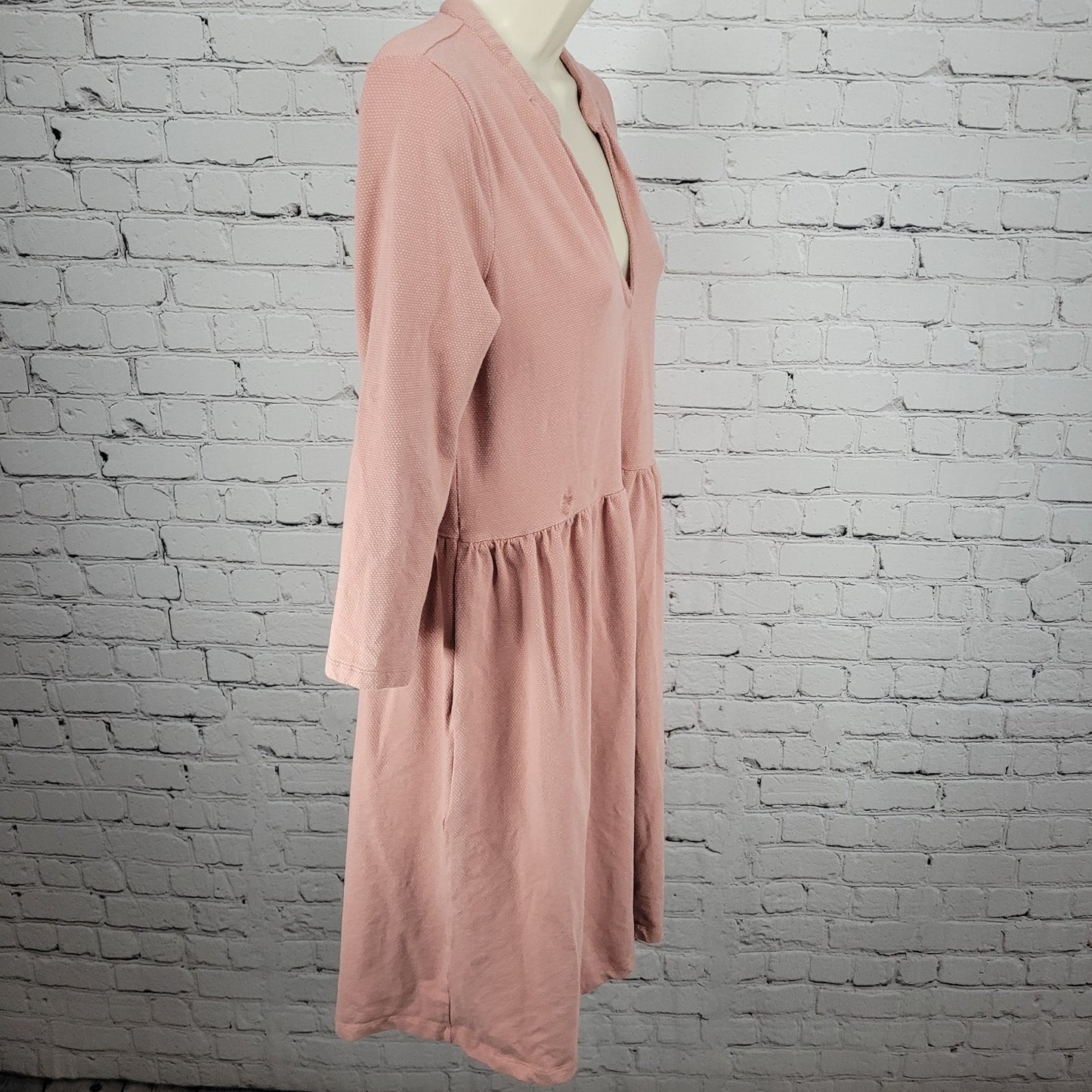 Synergy Pink Organic Cotton Stretch 3/4 Sleeve Ruched Knee Length Dress Small S