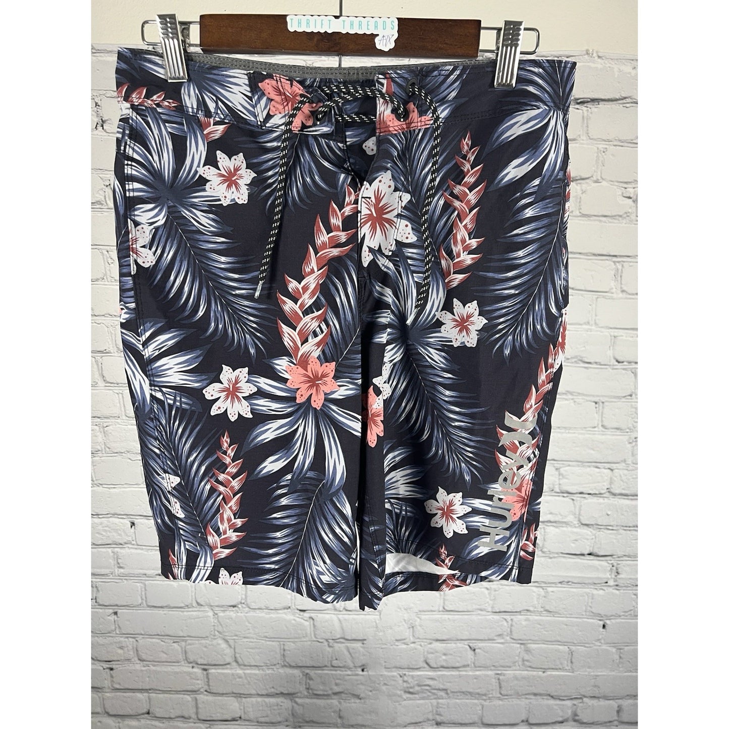Hurley Blue Floral Pocket Drawstring Board Shorts Swim Trunks Unlined Men’s 28