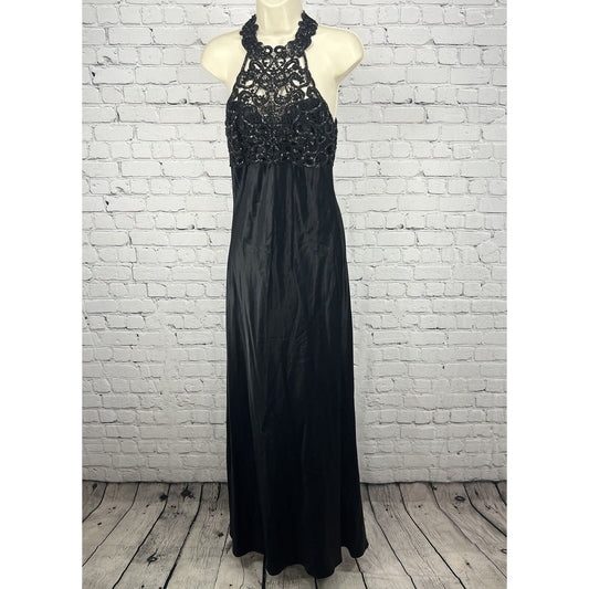 Vintage Faviana Black Glittery High Neck Halter Satin Maxi Dress Gown USA 7/8