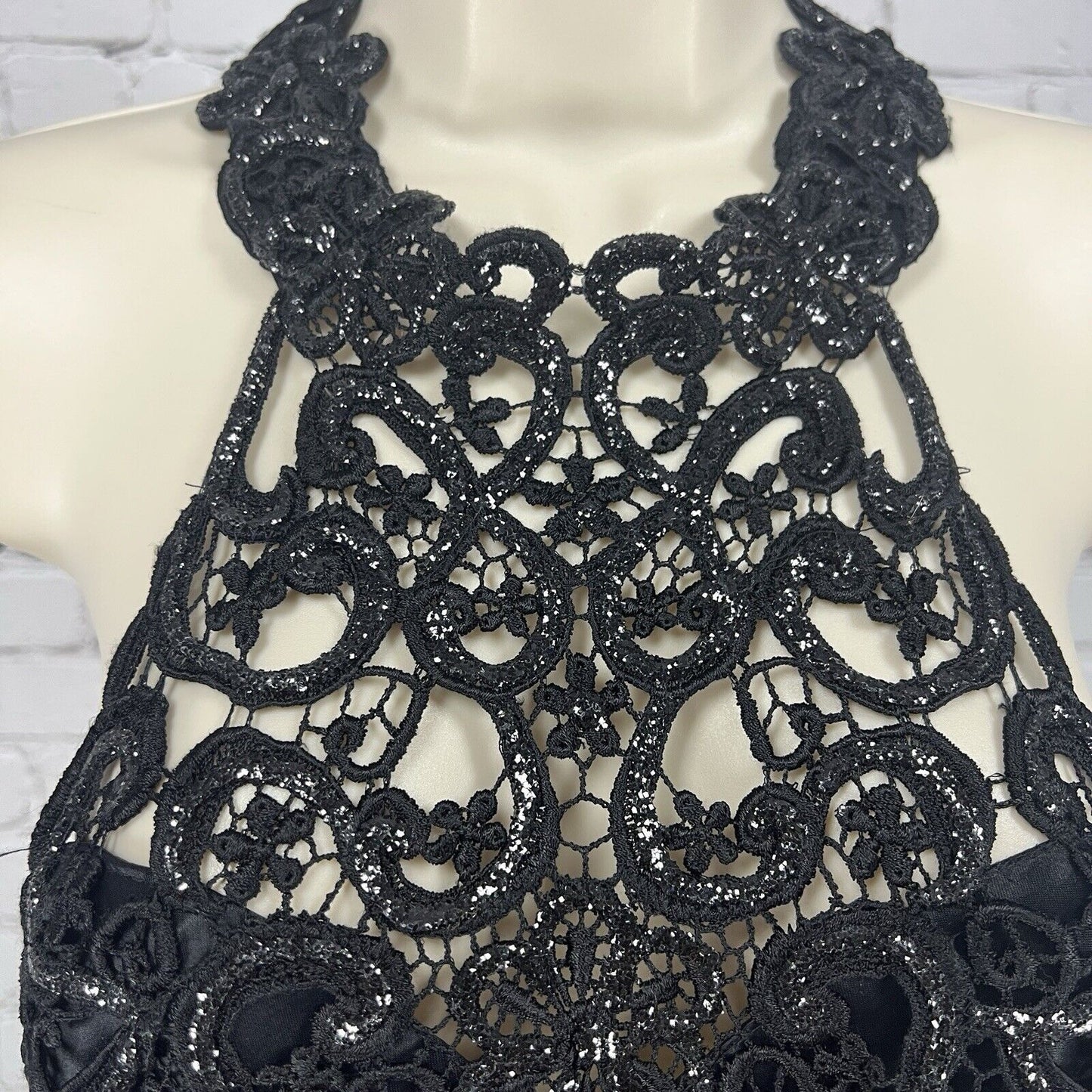 Vintage Faviana Black Glittery High Neck Halter Satin Maxi Dress Gown USA 7/8