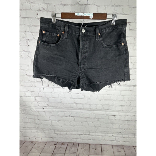 Levis 501 Button Fly High Rise Black Raw Hem Cut Off Shorts Sz 32 (32 x 2.5)