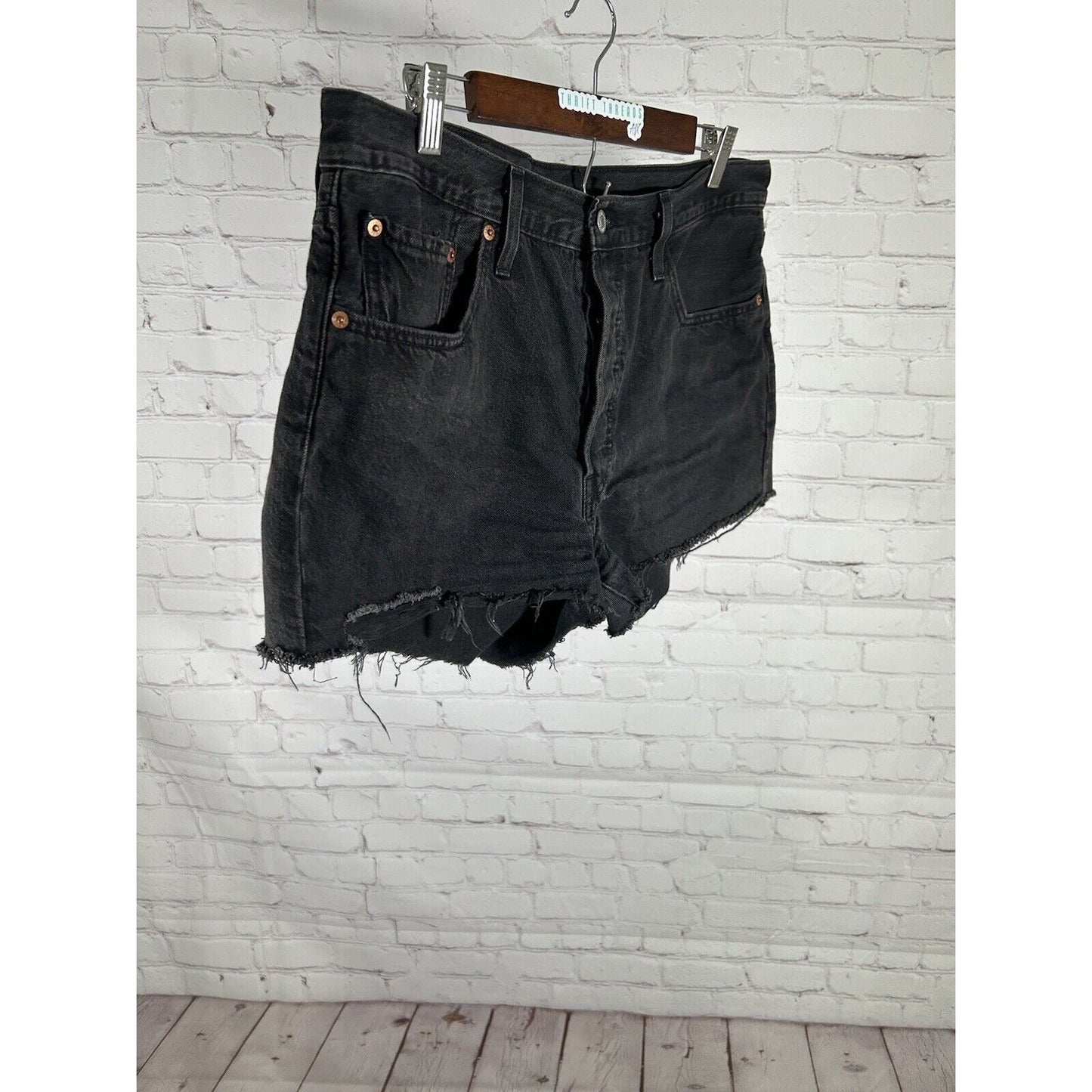Levis 501 Button Fly High Rise Black Raw Hem Cut Off Shorts Sz 32 (32 x 2.5)