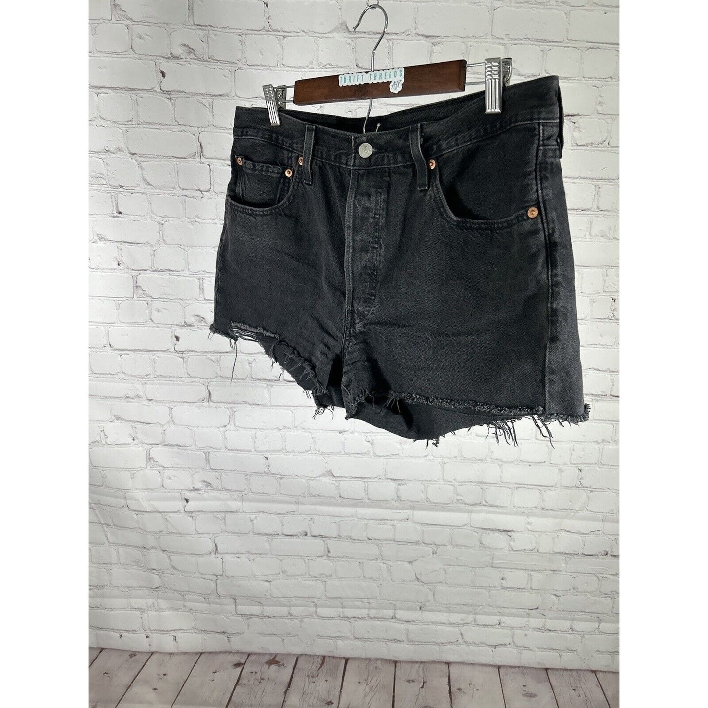 Levis 501 Button Fly High Rise Black Raw Hem Cut Off Shorts Sz 32 (32 x 2.5)