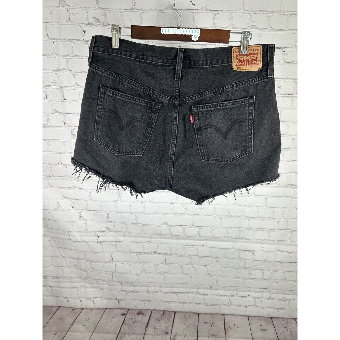 Levis 501 Button Fly High Rise Black Raw Hem Cut Off Shorts Sz 32 (32 x 2.5)