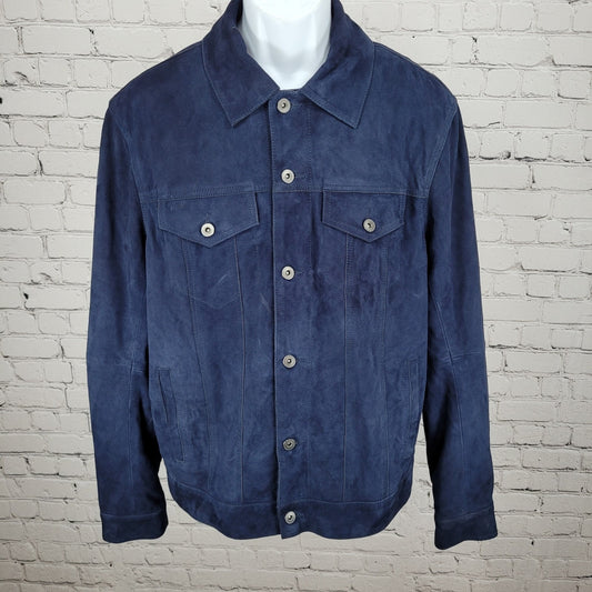 Saks Fifth Avenue Blue Genuine Goatskin Soft Suede Buttoned Jacket Size Large L