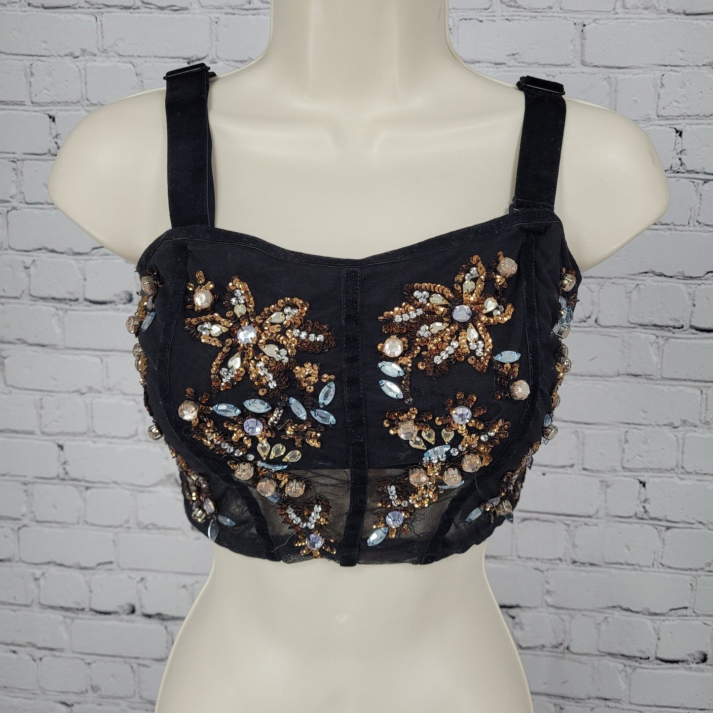 Intimately Free People Black Rhinestone Sequin Mesh Crop Top Bustier Size XS