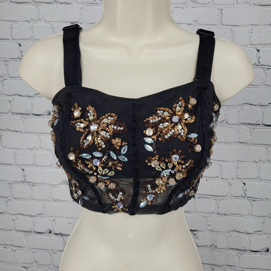 Intimately Free People Black Rhinestone Sequin Mesh Crop Top Bustier Size XS