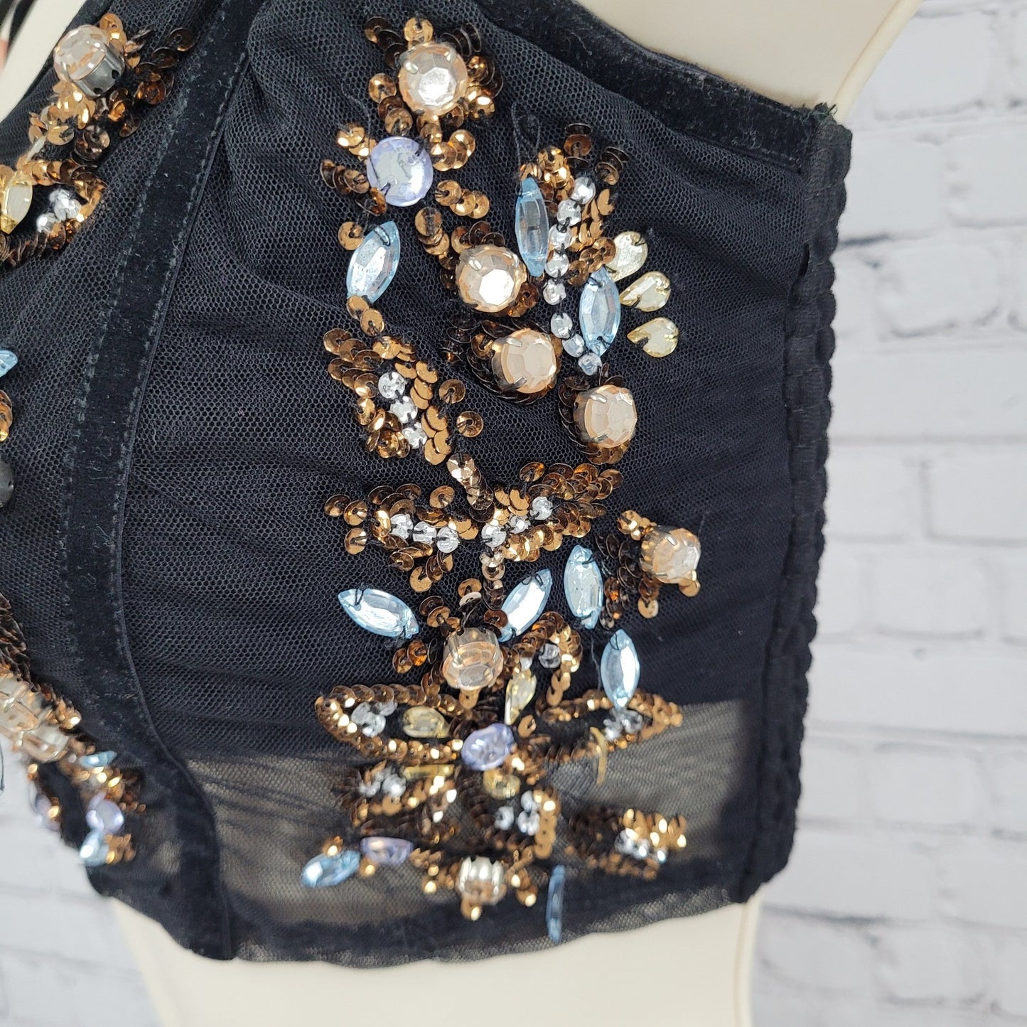 Intimately Free People Black Rhinestone Sequin Mesh Crop Top Bustier Size XS