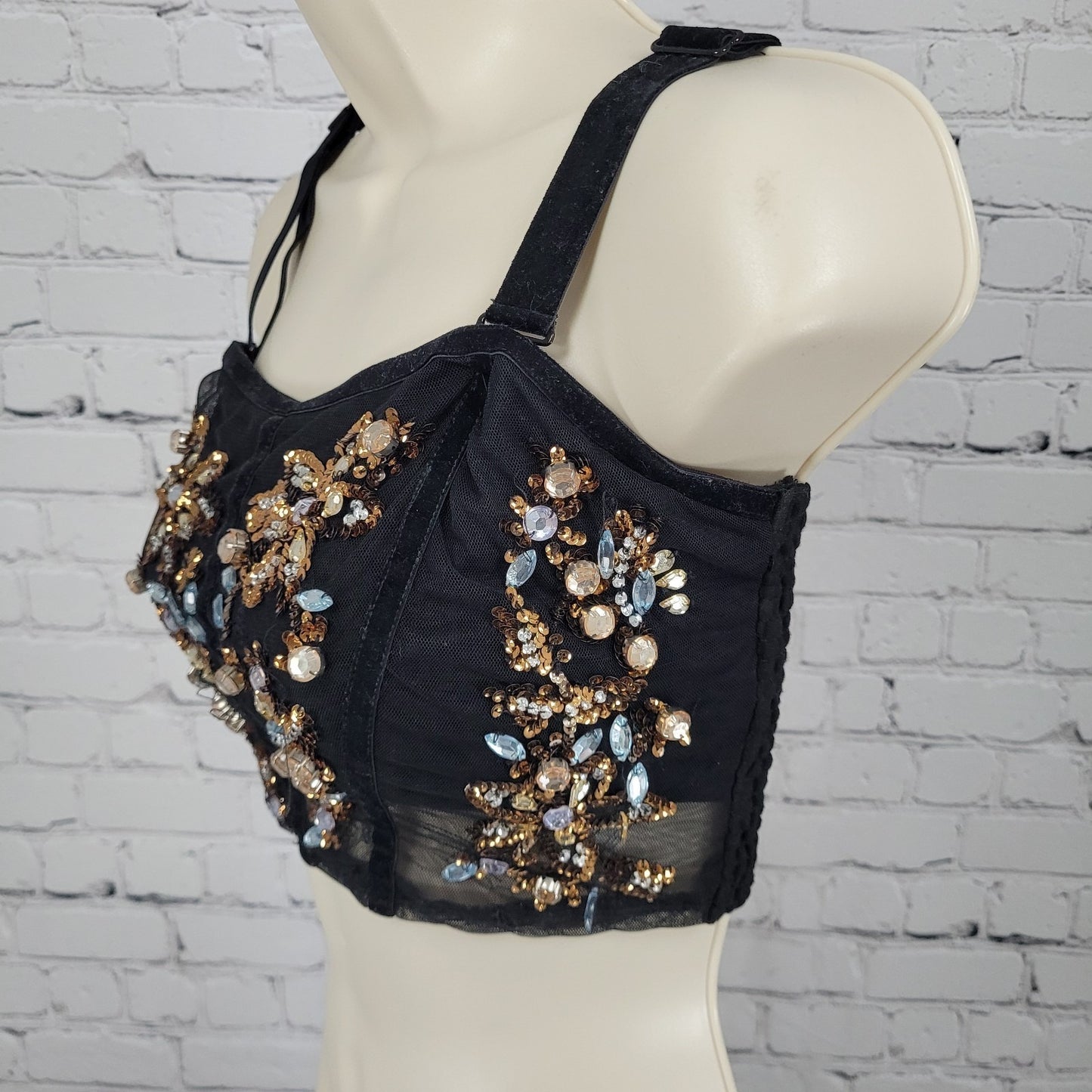 Intimately Free People Black Rhinestone Sequin Mesh Crop Top Bustier Size XS