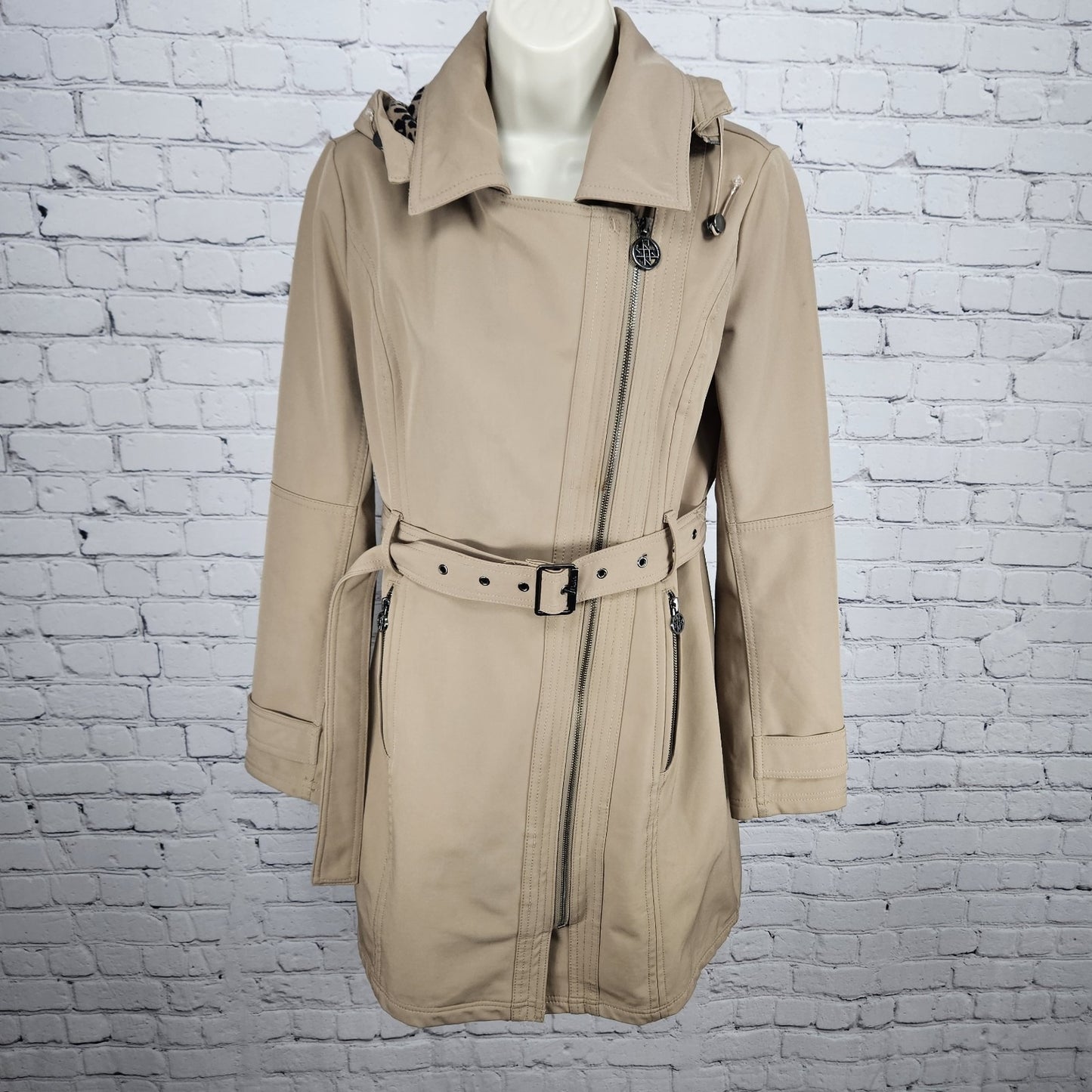 Nicole Miller Tan Leopard Removable Hood Belted Trench Soft Shell Long Coat S