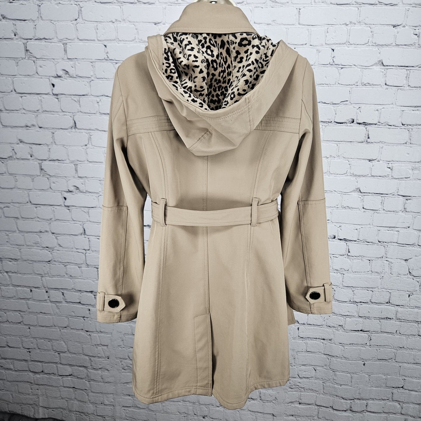 Nicole Miller Tan Leopard Removable Hood Belted Trench Soft Shell Long Coat S