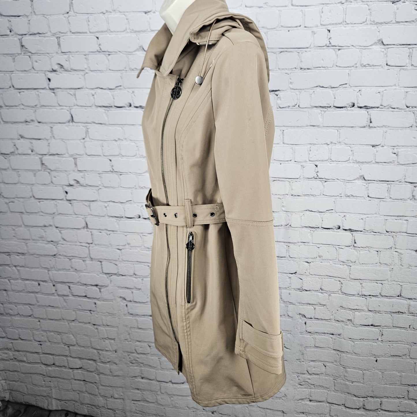 Nicole Miller Tan Leopard Removable Hood Belted Trench Soft Shell Long Coat S