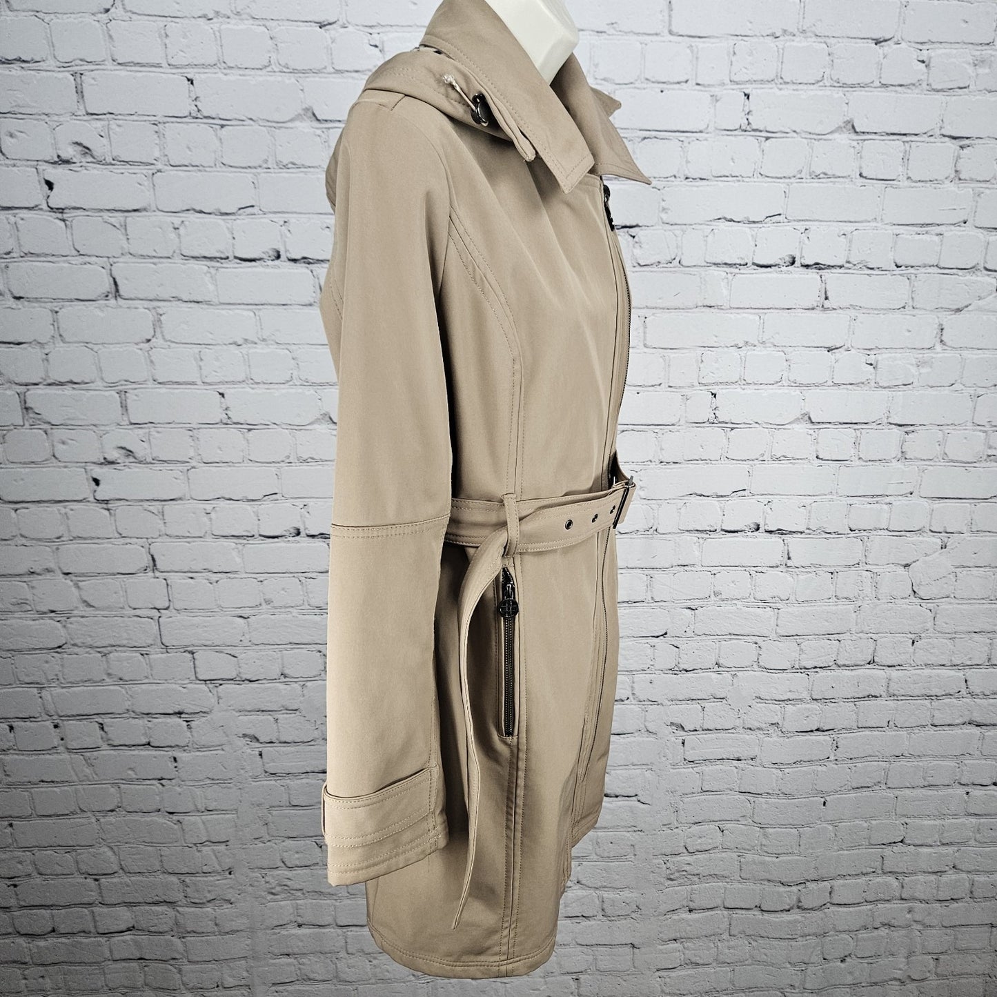 Nicole Miller Tan Leopard Removable Hood Belted Trench Soft Shell Long Coat S