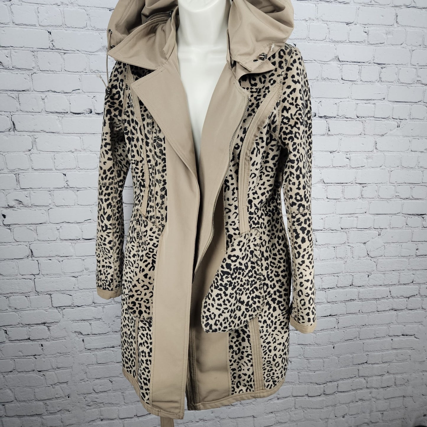 Nicole Miller Tan Leopard Removable Hood Belted Trench Soft Shell Long Coat S