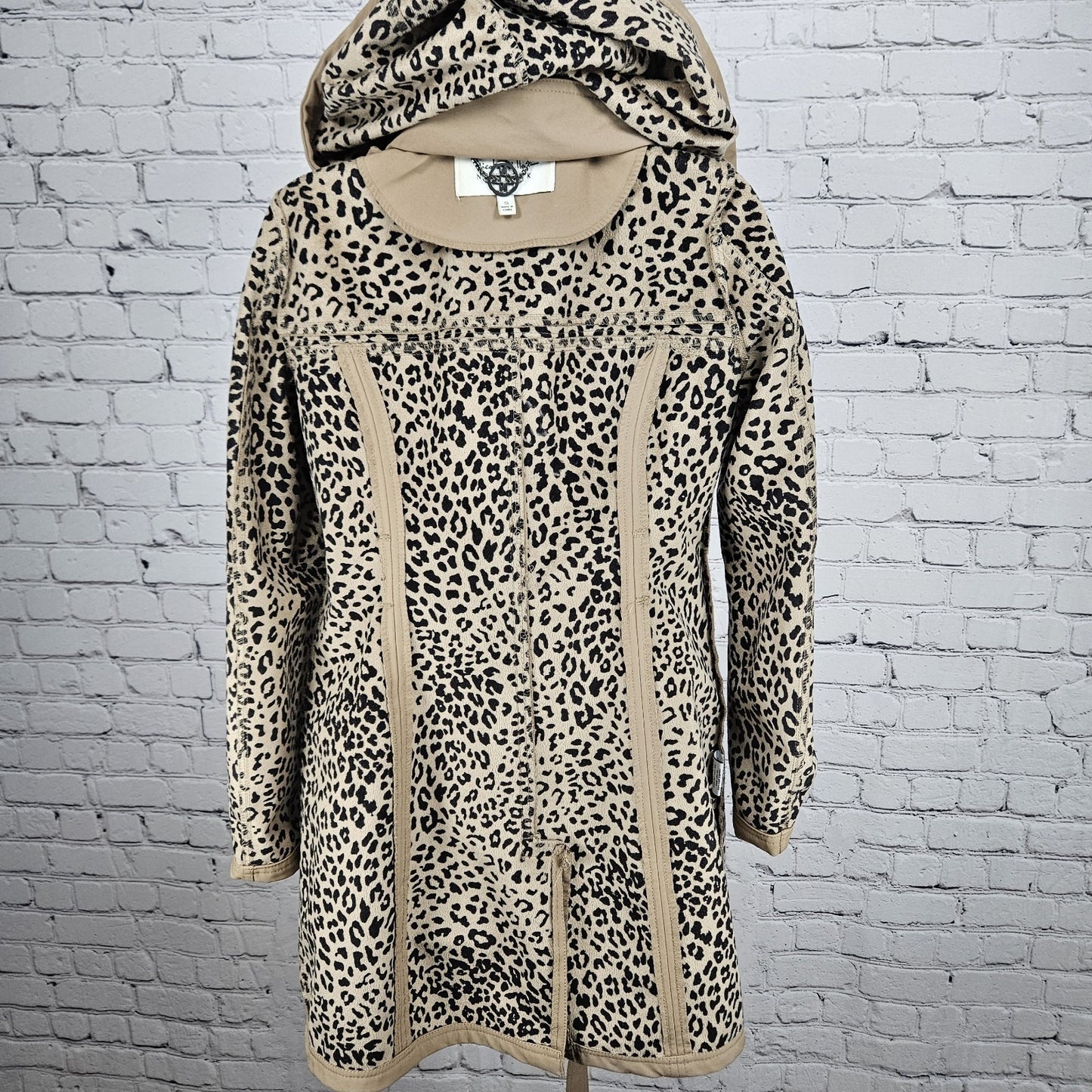Nicole Miller Tan Leopard Removable Hood Belted Trench Soft Shell Long Coat S