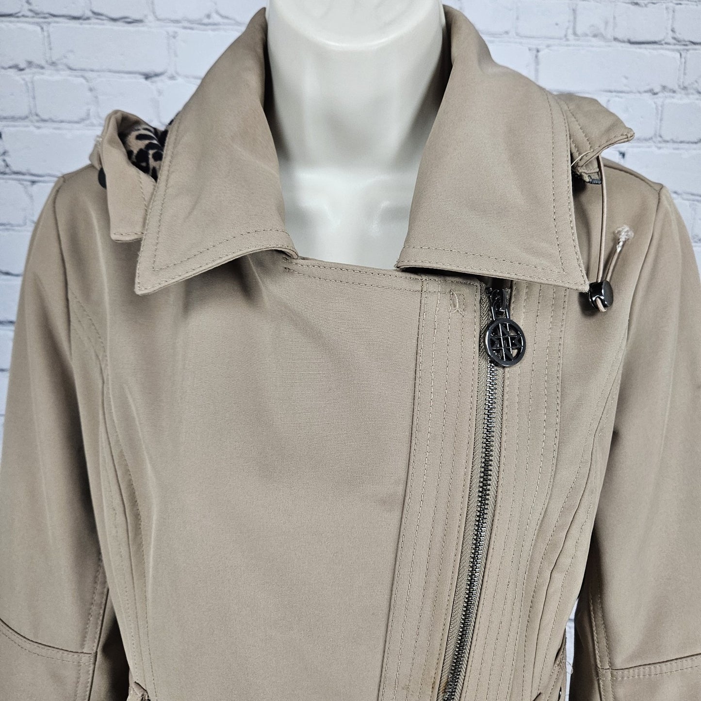 Nicole Miller Tan Leopard Removable Hood Belted Trench Soft Shell Long Coat S