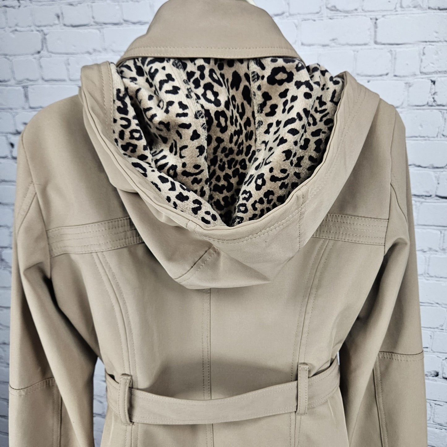 Nicole Miller Tan Leopard Removable Hood Belted Trench Soft Shell Long Coat S