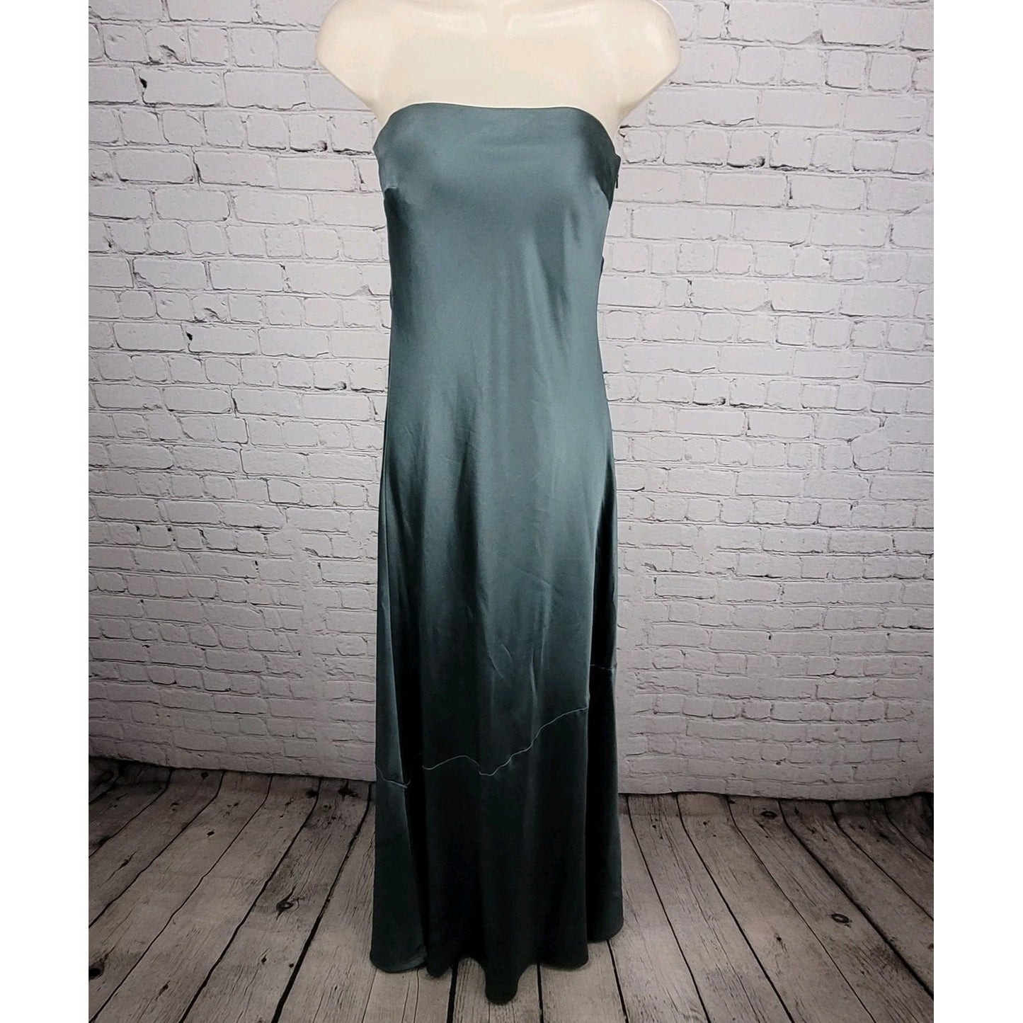Revelry Green Satin Strapless Open Back Button Accent Bridesmaid Long Dress 2