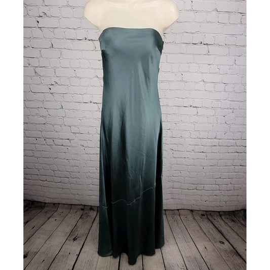 Revelry Green Satin Strapless Open Back Button Accent Bridesmaid Long Dress 2