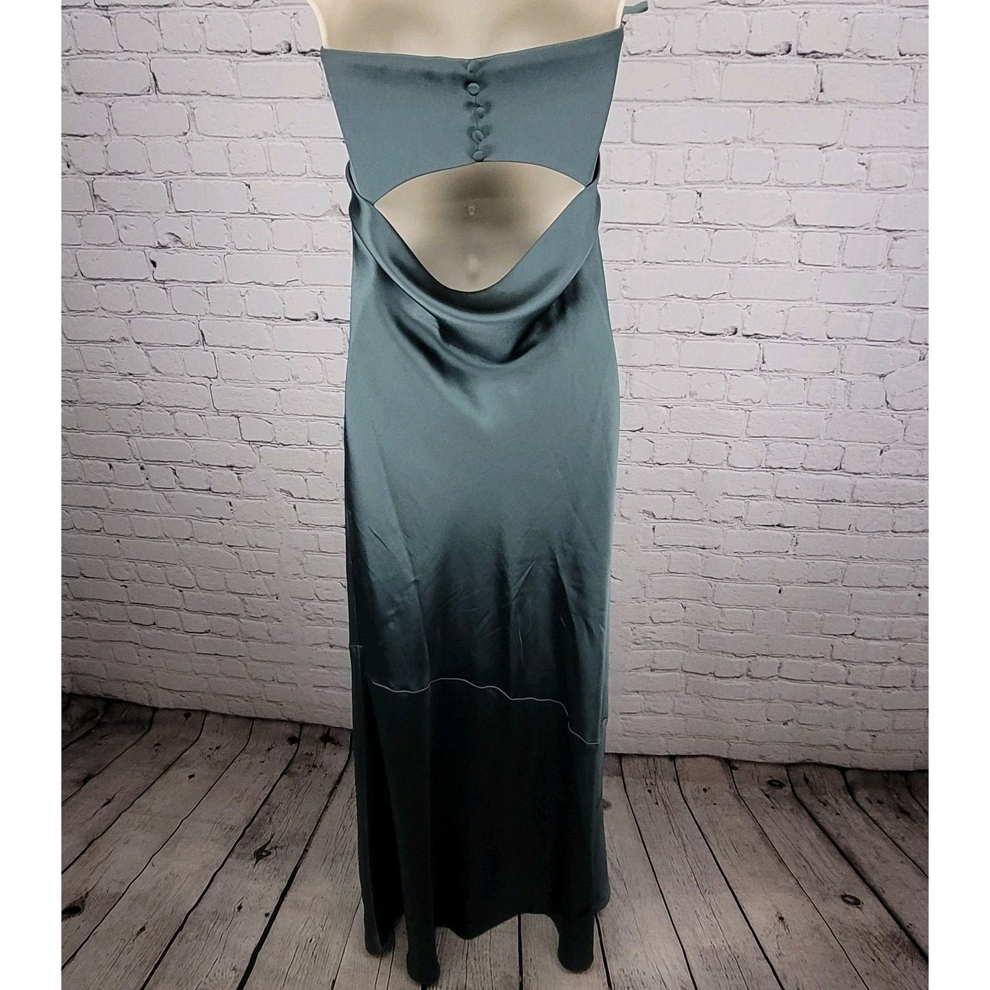 Revelry Green Satin Strapless Open Back Button Accent Bridesmaid Long Dress 2
