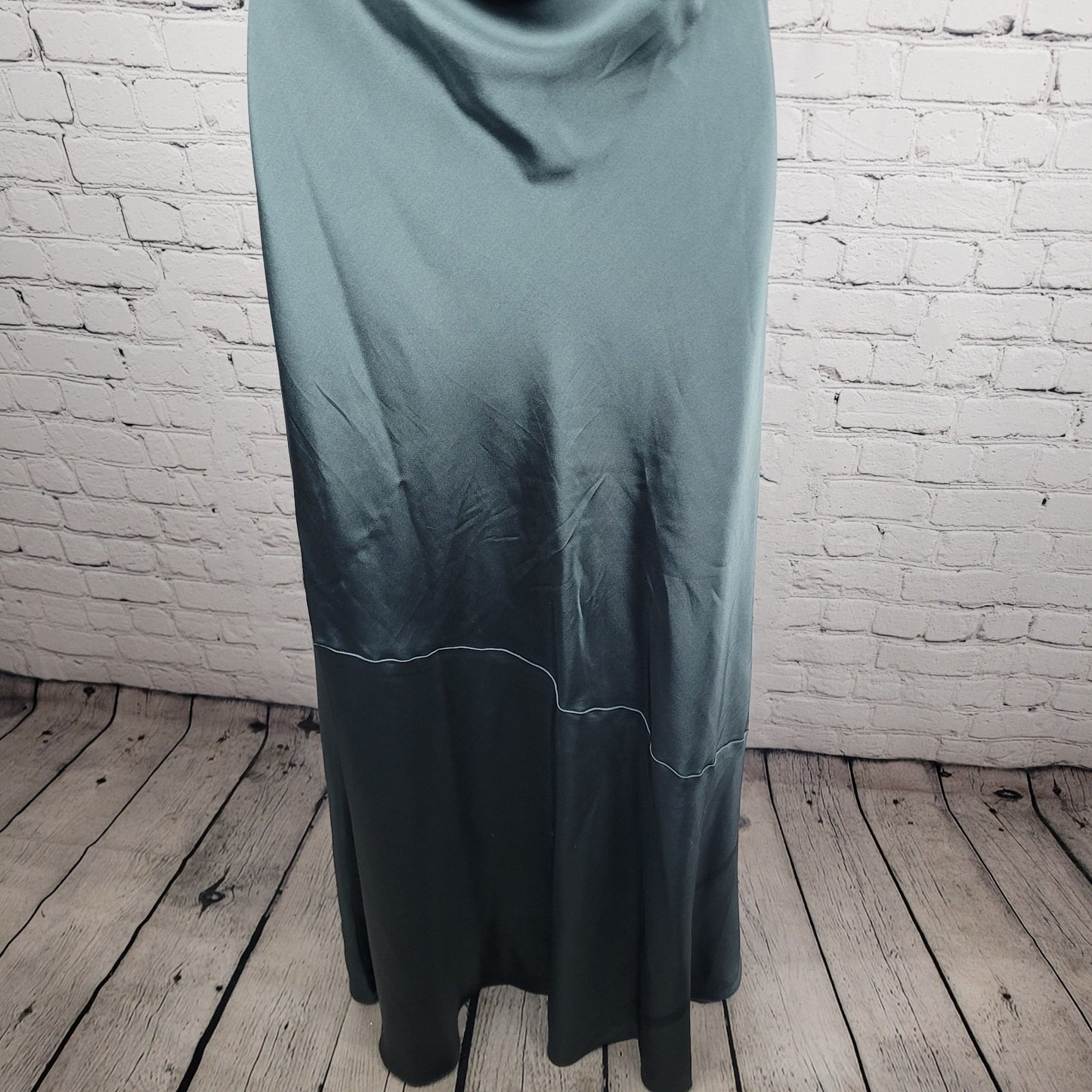 Revelry Green Satin Strapless Open Back Button Accent Bridesmaid Long Dress 2