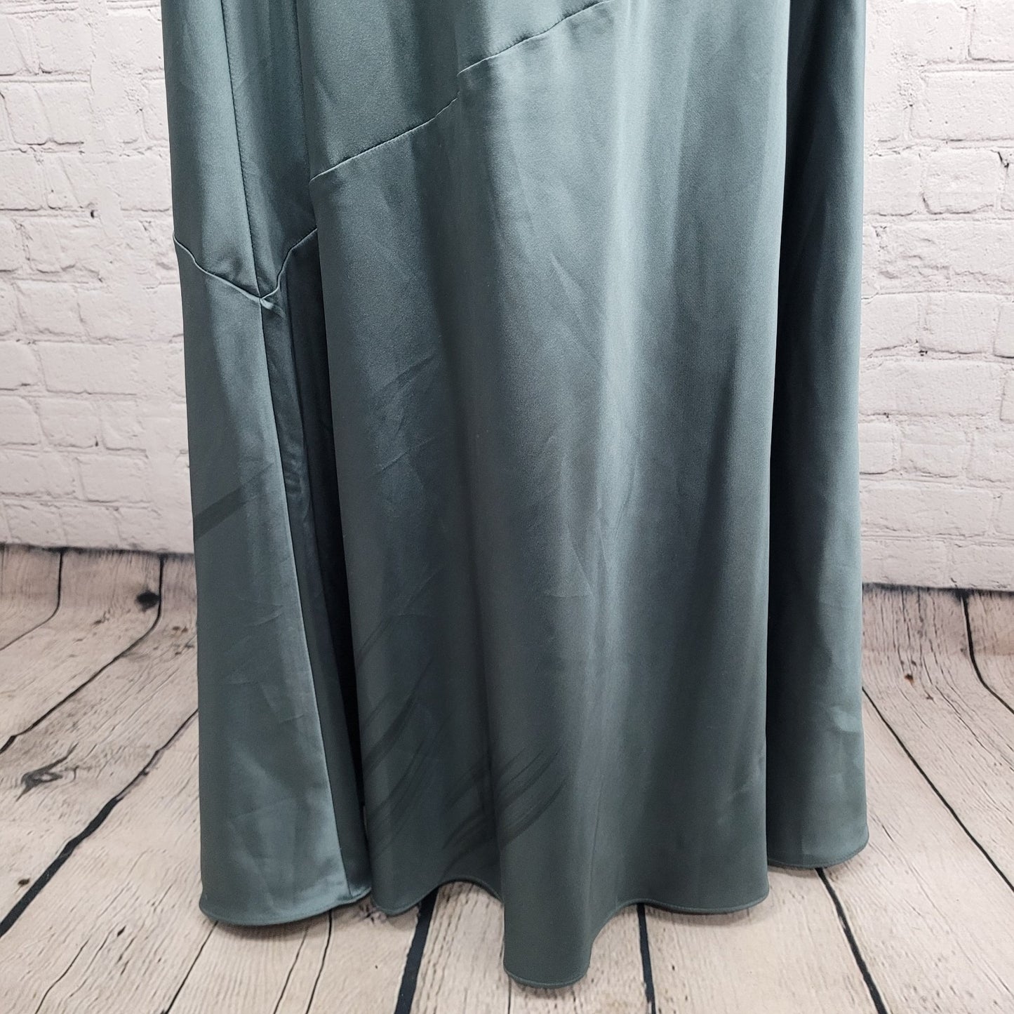 Revelry Green Satin Strapless Open Back Button Accent Bridesmaid Long Dress 2