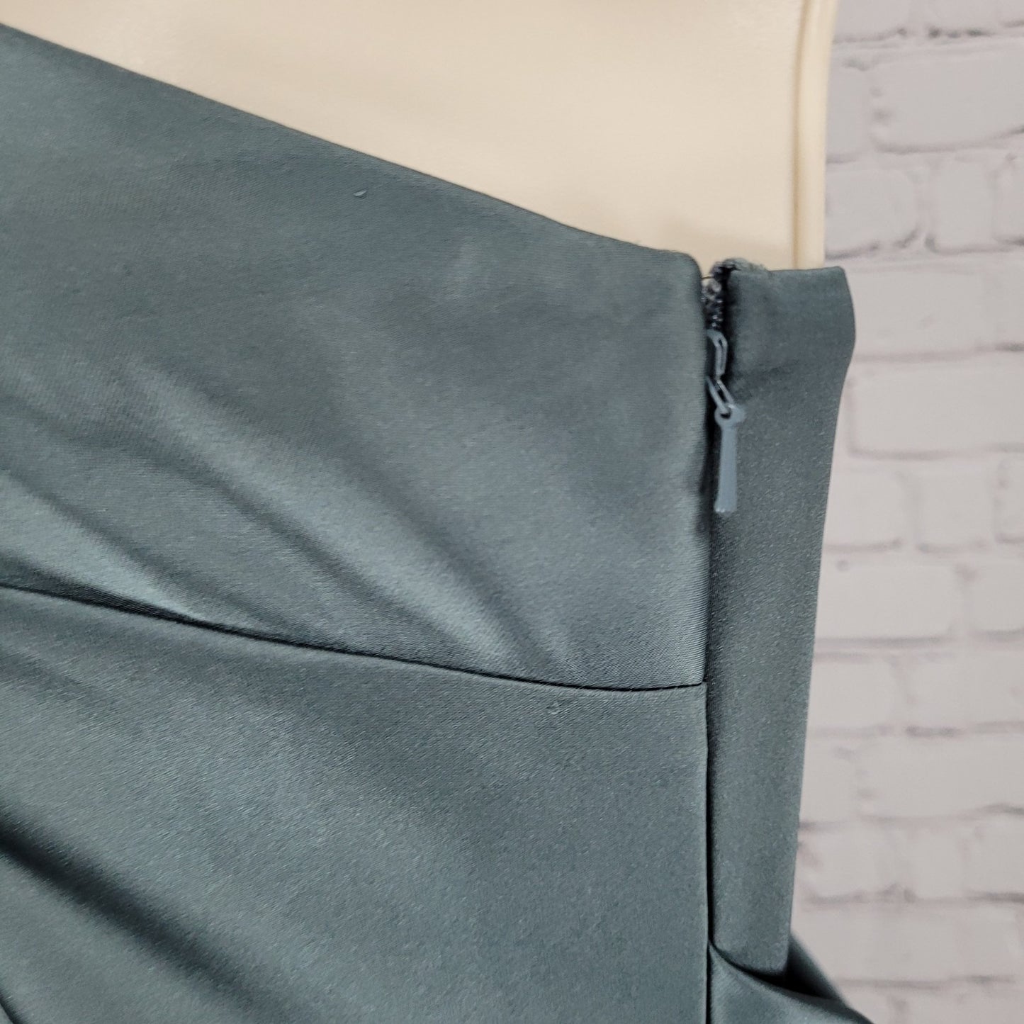 Revelry Green Satin Strapless Open Back Button Accent Bridesmaid Long Dress 2