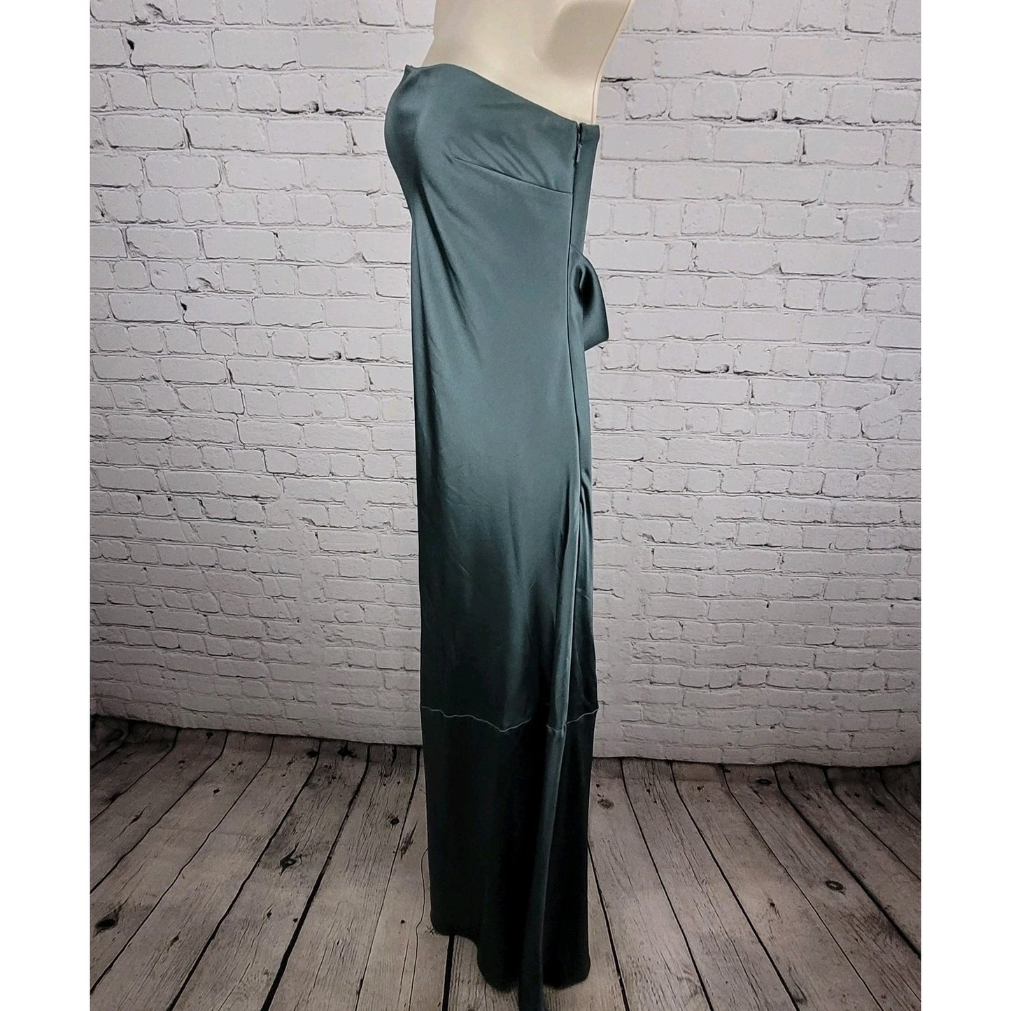 Revelry Green Satin Strapless Open Back Button Accent Bridesmaid Long Dress 2