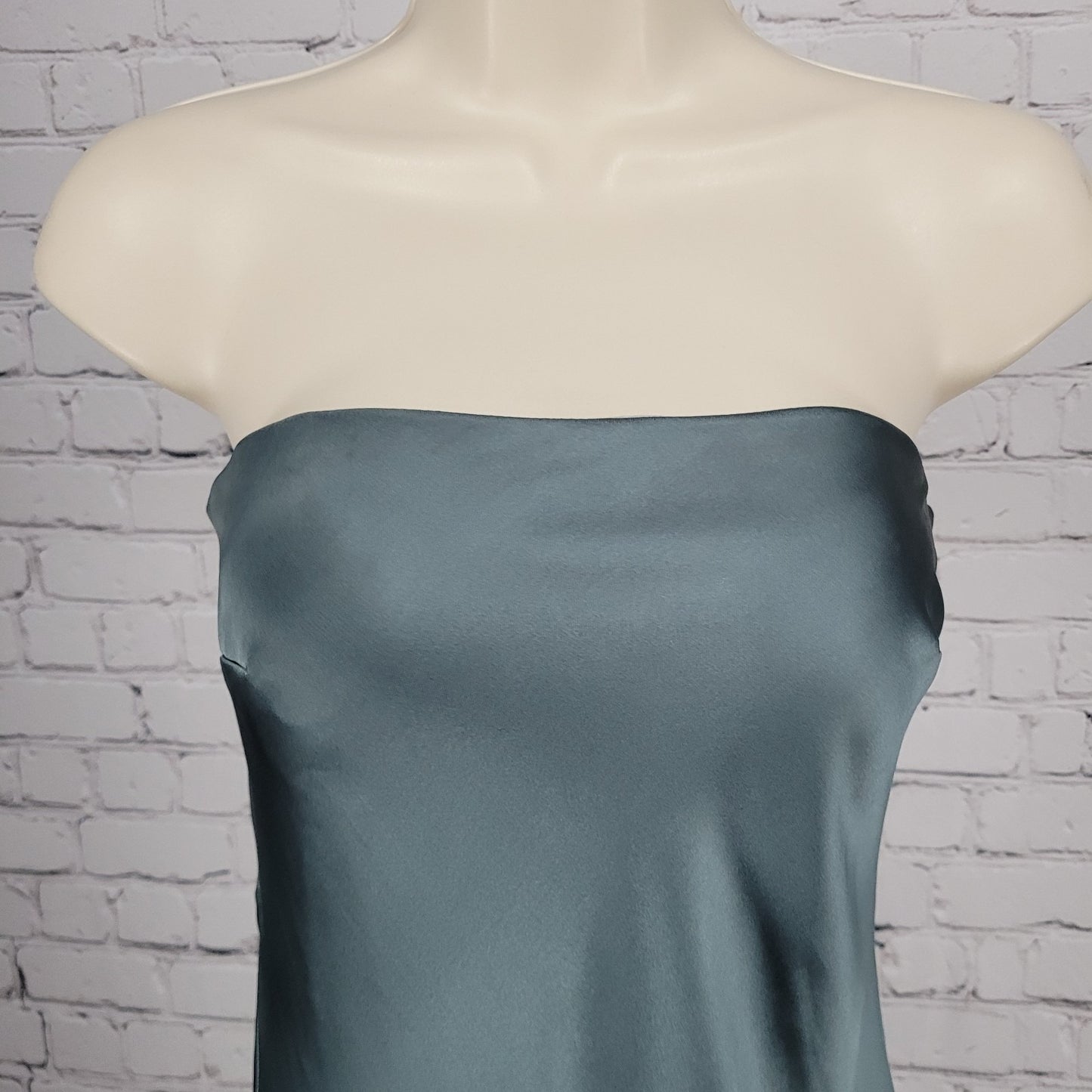 Revelry Green Satin Strapless Open Back Button Accent Bridesmaid Long Dress 2