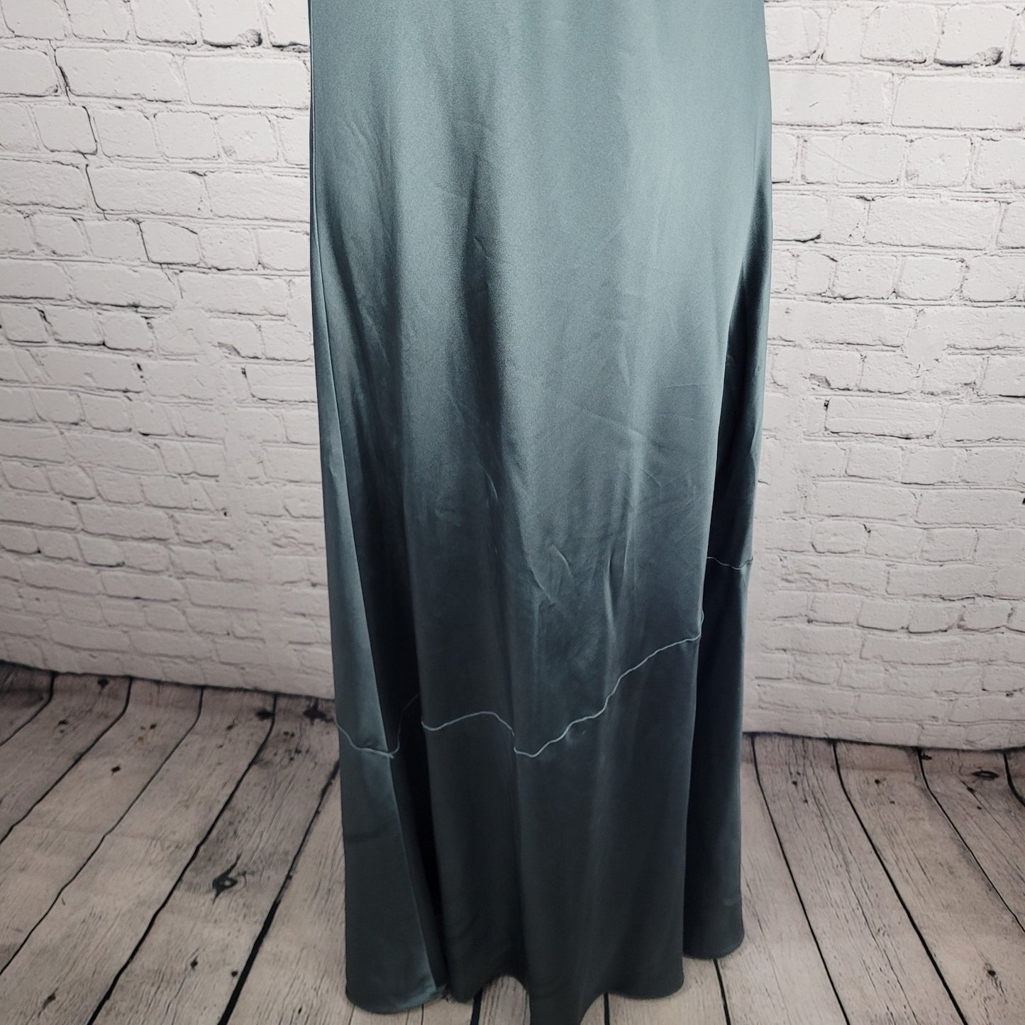 Revelry Green Satin Strapless Open Back Button Accent Bridesmaid Long Dress 2