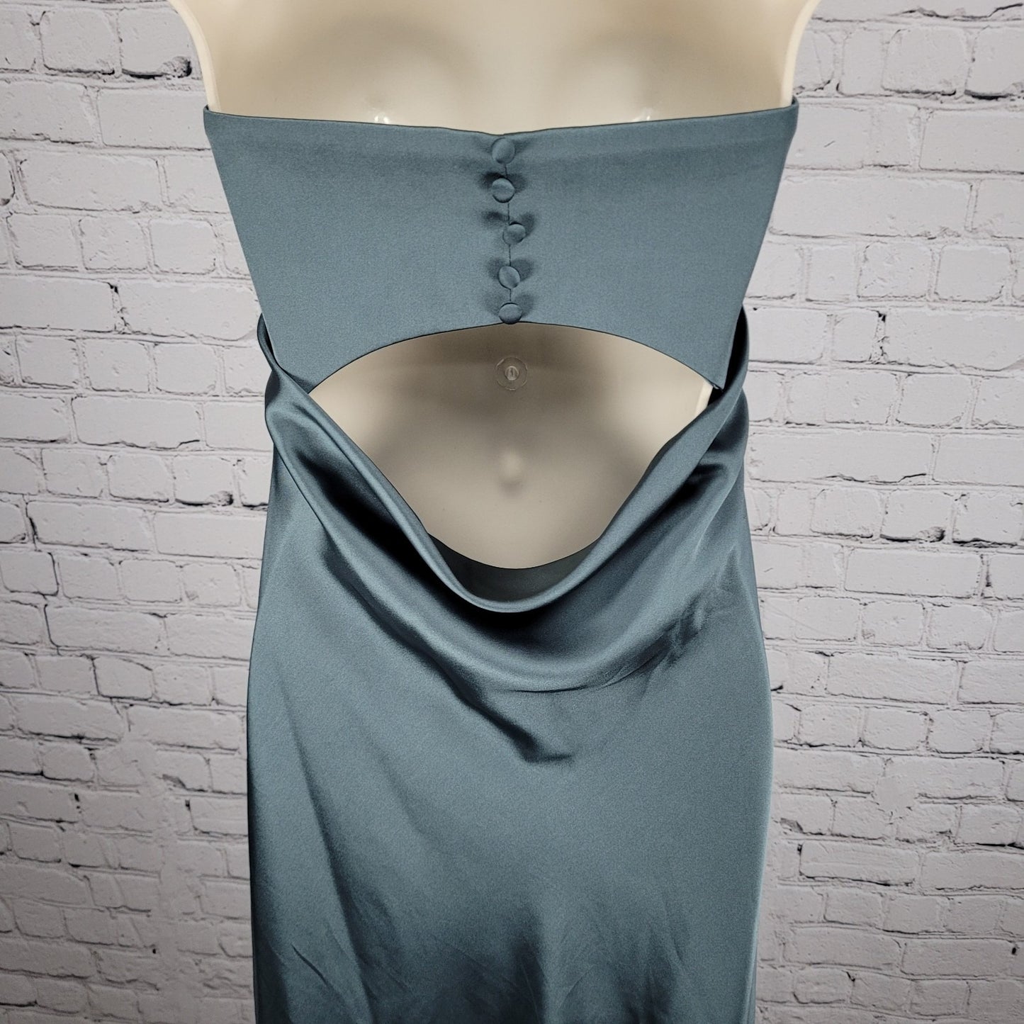 Revelry Green Satin Strapless Open Back Button Accent Bridesmaid Long Dress 2