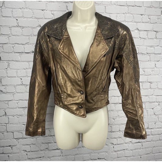 VTG EREZ Bronze Geometric Print Cropped Collared Jacket USA Made Size Medium M