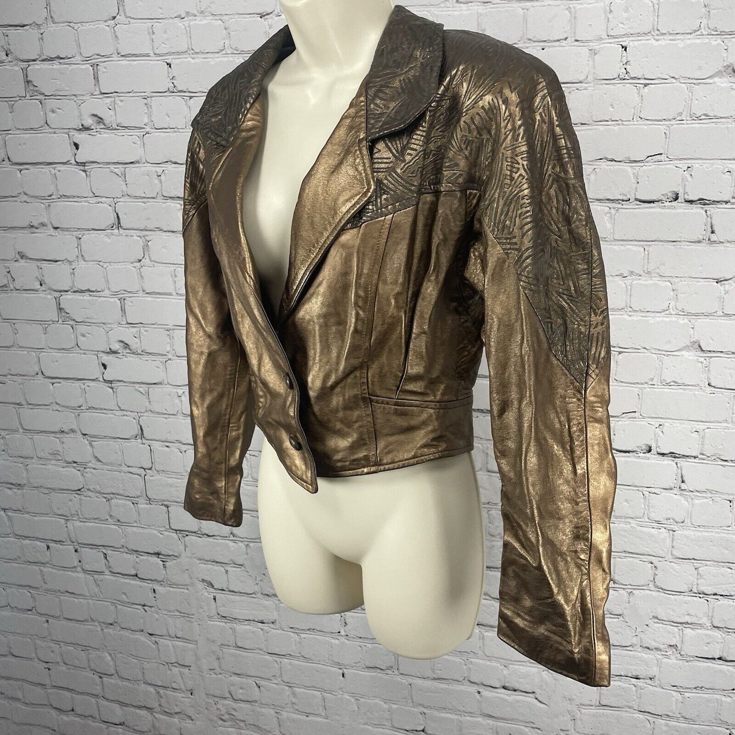 VTG EREZ Bronze Geometric Print Cropped Collared Jacket USA Made Size Medium M