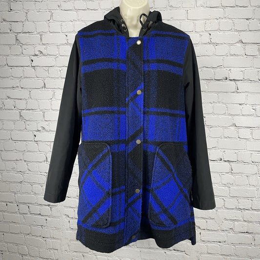 VTG Pendleton Blue Black Wool Plaid Hooded Zipped Snap Lined Coat Size Small S