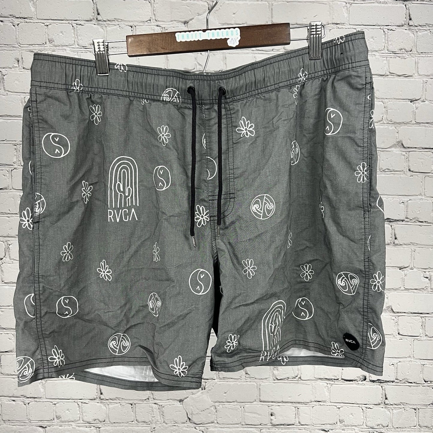 RVCA Grey Elastic Unlined Boardshorts Swim Beach Surfing Shorts 70’s Hippie XXL